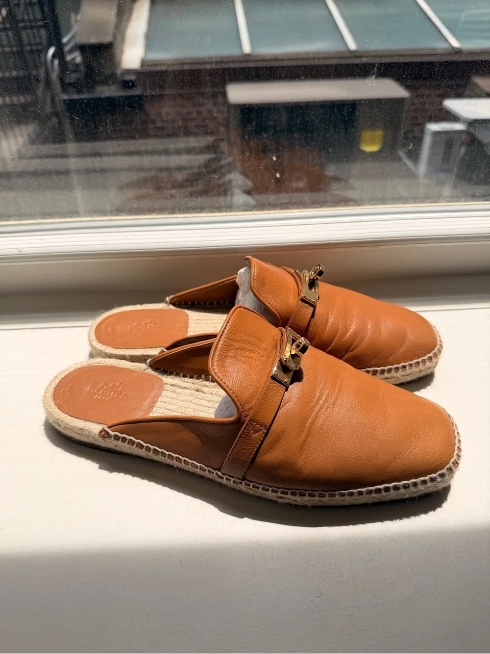Hermes Tan Leather Espadrille Mules with Gold Hardware